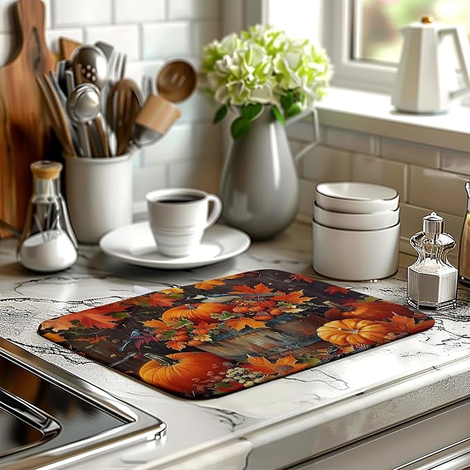 Fall Pumpkin Kitchen Drying Mat 16x18 Inch - Autumn Maple Leaves Bird Dish Mat for Kitchen Counter - Microfiber Absorbent Pad for Dishes, Coffee Bar