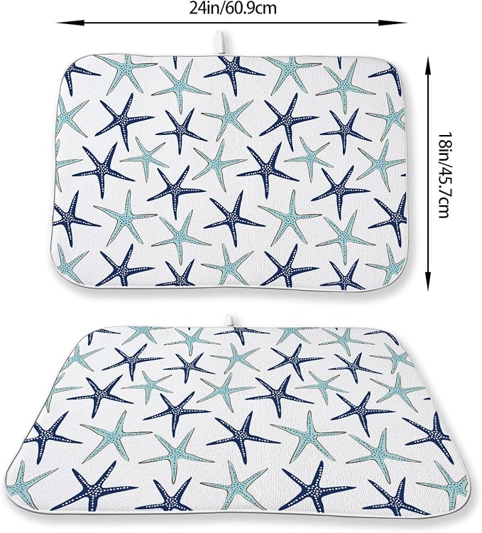 Coastal Dish Drying Mat 18x24 Inch Summer Navy Blue Teal Turquoise Starfish Summer Drying Mat Nautical Beach Ocean Absorbent Dish Drying Pad Dish Rack Drainer Mats for Kitchen Dining Counter