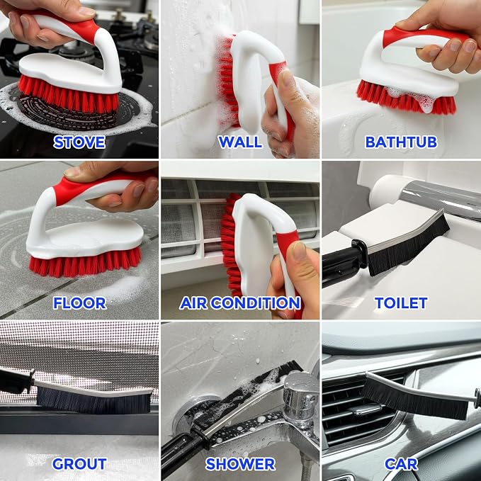 Holikme 6 Pack Cleaning Brush Scrub Brush Kitchen Brush for Floor,Red | Scrub Brushes for Cleaning, Heavy-Duty Scrub Brush, Stiff Bristles Cleaning Brush for Kitchen Bathtub Floor and Wall
