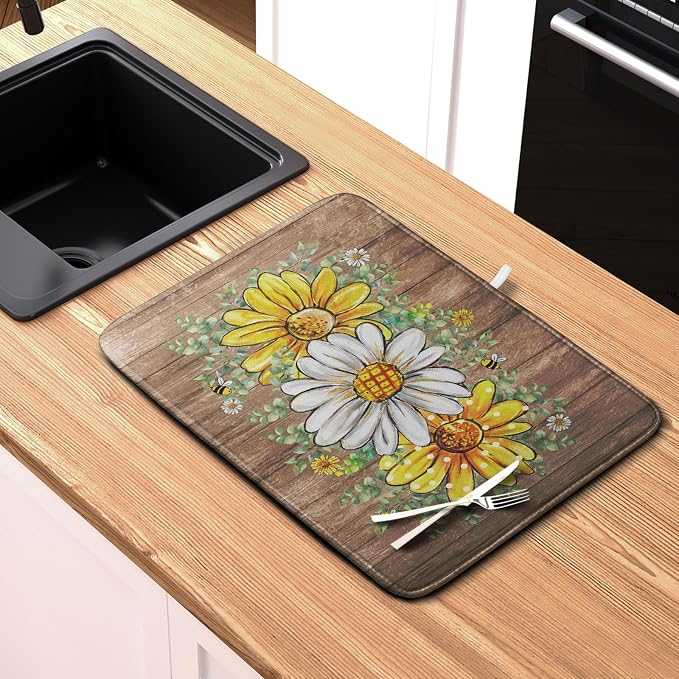 Rustic Daisy Floral Dish Drying Mat for Kitchen Counter Spring Summer Sunflower Dish Drying Mat Bee Absorbent Microfiber Dish Mat Reversible Dish Drainer Rack Mat Large 18x24 Inch