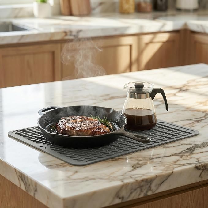 MicoYang Silicone Dish Drying Mat, Grey, 16"×12" | Quick-Dry Ridges, Heat-Resistant Trivet to 450°F, Non-Slip & Dishwasher Safe, Roll-Up Storage, 18 Colors & 9 Sizes Available