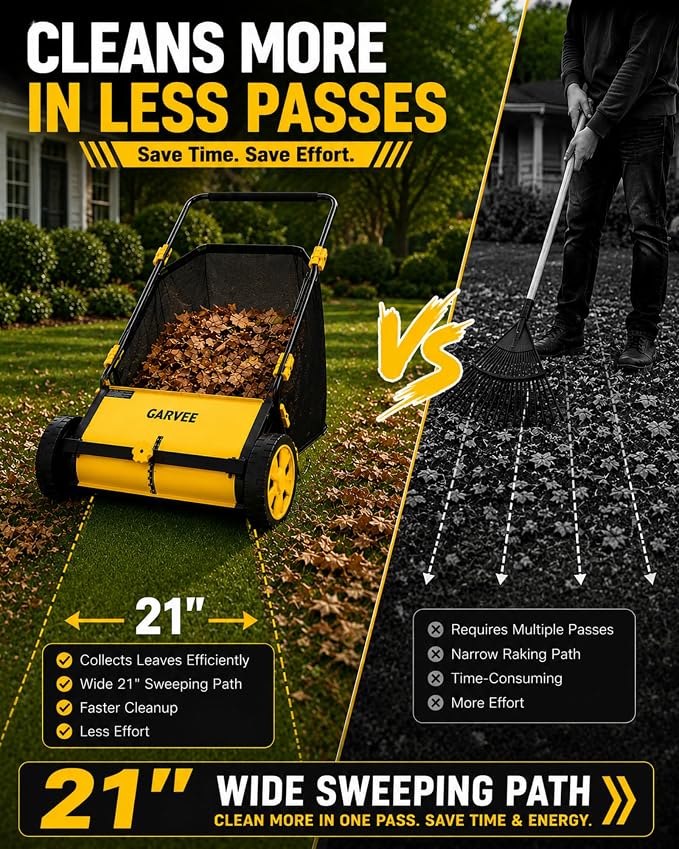 21 Inch Push Lawn Sweeper with 3.5 Cu. Ft. Large Mesh Collection Bag | Heavy Duty Steel Frame, 10" Rubber Wheels, 4 Spinning Brushes, Manual Height Adjustment for Leaves, Grass and Yard Debris