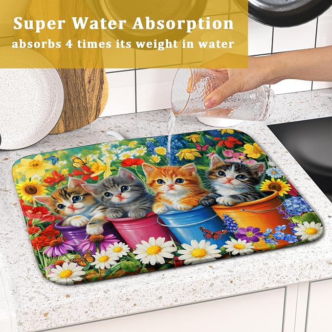 Funny Absorbent Dish Drying Mat Spring Cat Dish Drying Mats for Kitchen Counter Small