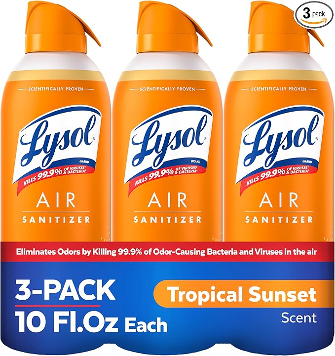 Lysol Air Sanitizer Spray with Bacterial Odor Eliminator for Home & Office, Sanitizing Air Spray, Air Freshener Alternative, Tropical Sunset Scent, 10 oz (Pack of 3)