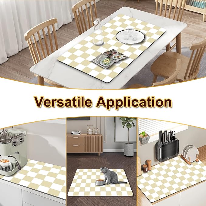 Dish Drying Mat for Kitchen Counter, 16.5’’ X 27.6’’ Checkered Large Coffee Station Mat, Super Absorbent Fit Under Coffee Maker Pad, Espresso Machine Mats, Drainer Mat Easy Clean, Beige & White