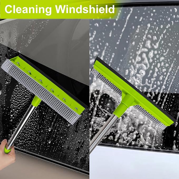 Window Squeegee with 15.7"-27.5" Retractable Stainless Steel Handle, 2-in-1 Windshield Cleaner Tool for Cars, Trucks, Glass Doors, Shower Glass, Outdoor Windows – Window Cleaner (Green)