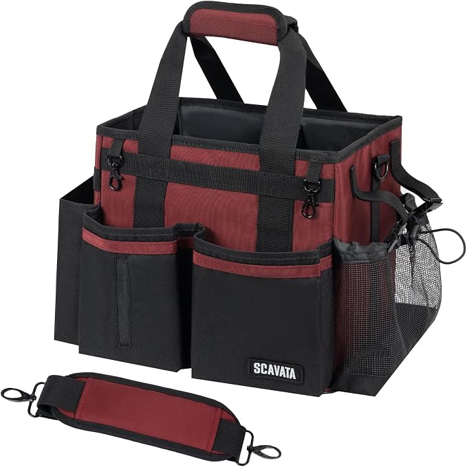 SCAVATA Compact Wearable Cleaning Caddy with Handle & Shoulder Straps | Small Cleaning Supplies Organizer, Under Sink & Car Cleaning Tools Storage Bag for Housekeepers Cleaners, AncoraRed
