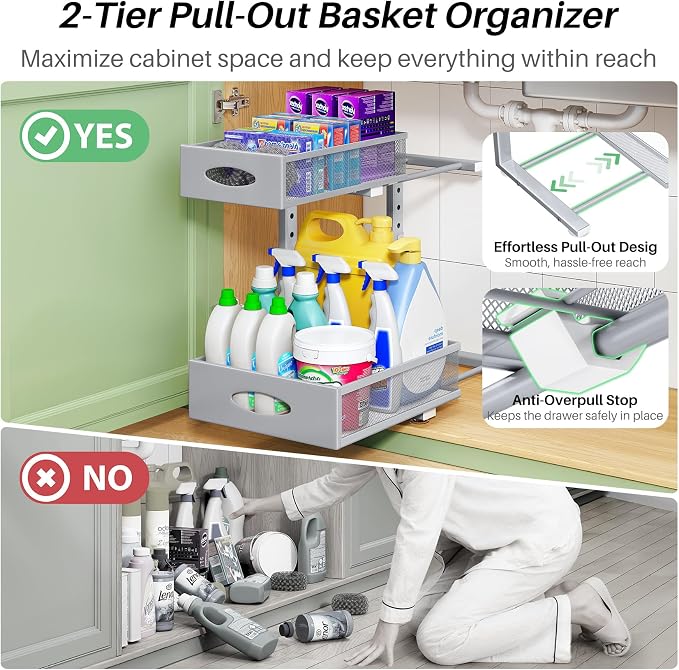 Under Sink Organizer, 2-Pack Pull Out Cabinet Organizer 2 Tier Metal Slide Out Storage Shelf Rack, L-Shaped Adjustable Height,Mesh Sliding Drawer for Kitchen, Bathroom, Laundry, Pantry, Grey, XL