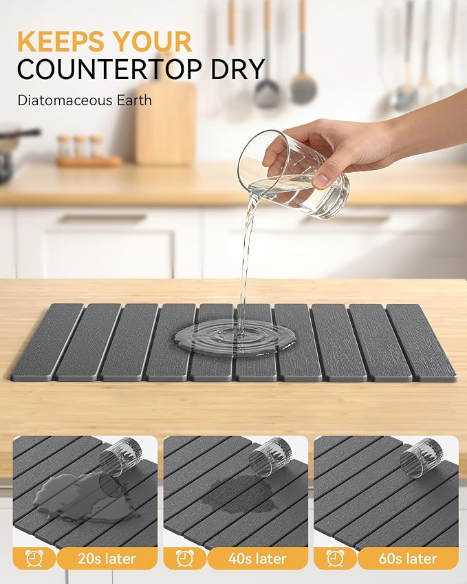 Yofidra Large Stone Dish Drying Mat for Kitchen Counter, Quick Dry Stone Mats with Absorbent Diatomaceous Earth, Foldable Roll Up Drying Organizer Pad for Utensils Plate, 24"×16", Dark Gray