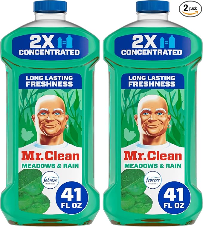 Mr. Clean All Purpose Cleaner, Floor Cleaner for Mopping Home, Bathroom, & Kitchen, Cleaning Liquid for Mop & Bucket, Cleaning Supplies, Multi-Surface Dilutable, Meadows & Rain, 41oz (Pack of 2)