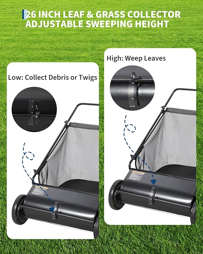 26-Inch Push Lawn Sweeper,7 Cu. Ft. Large Capacity Collection Bag,4 Spinning Brushes, Adjustable Height, Durable Steel Frame with Rubber Wheels, for Grass, Leaves & Debris Collector on All Terrains