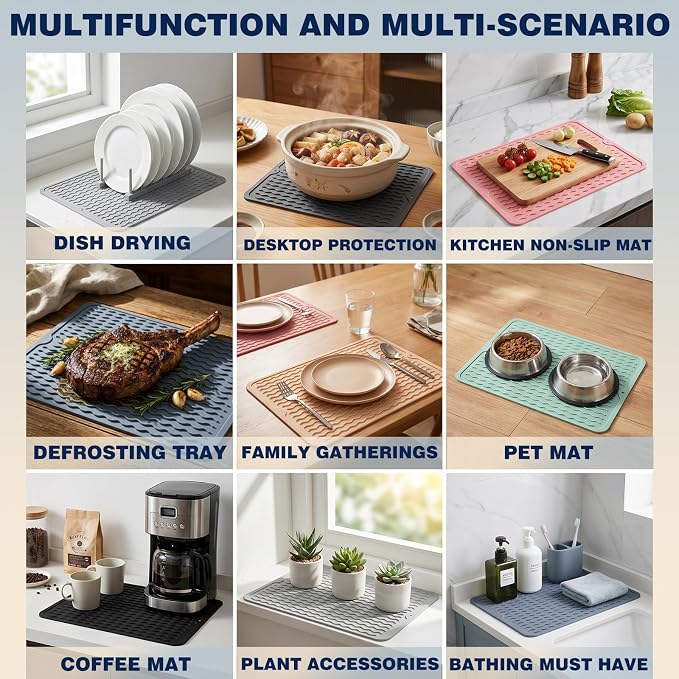 2 Pack Caketime Silicone Dish Drying Mat for Kitchen Counter Waterproof Place mats Sink Protector Stove Top Organizer Cooking Appliance Trays Dryer Rack Drainers Items Extra Large 18"x16" Beige