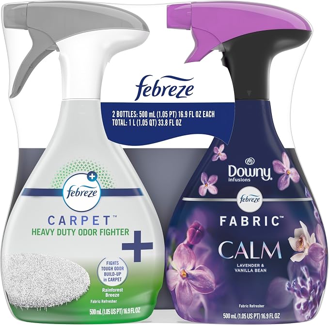 Febreze Fabric Spray & Carpet Heavy Duty Odor Fighter, Fabric Refresher, Multi-Use Deodorizer, Sneaker Balls Alternative, Couch & Linen Spray, Downy Calm & Rainforest Scents, 16.9oz, 2ct (1 of each)