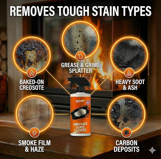 Fireplace Glass Cleaner 16 oz | Made in the USA | Removes Tough Stains | Heavy Duty Soot, Creosote & Smoke Stain Remover – Fast-Acting, Streak-Free Formula for Wood, Pellet & Coal Stoves