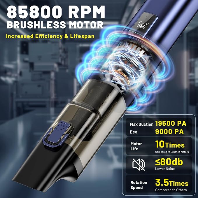 Car Vacuum Portable Cordless, 19500Pa 4-in-1 Handheld Vacuum Cordless Vacuum Cleaner&Air Duster with Multi-Nozzles, 140W Hand Cordless Rechargeable Vacuum Cleaners for Car, Home, Office, Pet