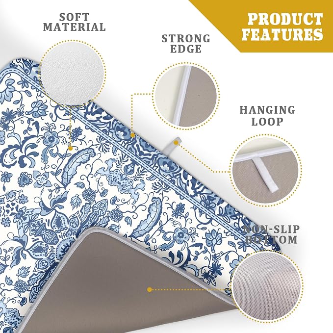 Chinoiserie Floral Dish Drying Mat for Kitchen Counter Blue and White Flowers Pattern Dish Drying Pad 18”x24”Absorbent Reversible Seasonal Decor Dishes Drainer Pad Dish Dry Rack Mat for Counter top