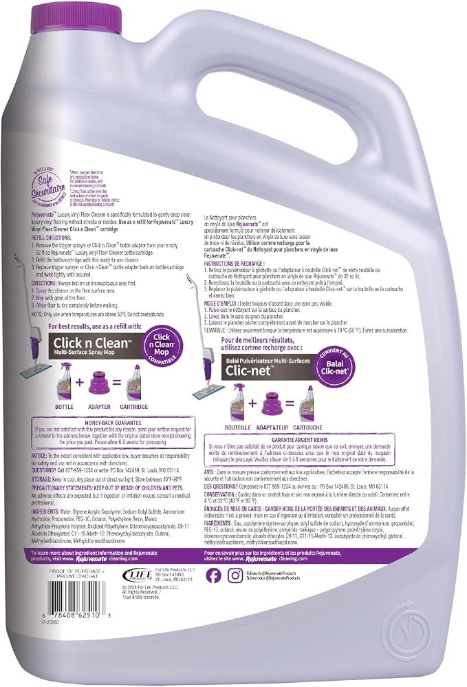 Rejuvenate Luxury Vinyl Floor Cleaner Refill, 1 Gallon, Gently Cleans and Revitalizes Luxury Vinyl Floors | No-Streak Formula Deep Cleans Dirt, Grime & Oil, Refills 32oz Rejuvenate Vinyl Floor Cleaner, Safe For Pets & Kids
