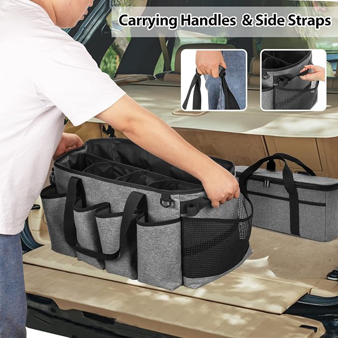 HODRANT Detailing Bag with Polisher Carry Bag for Buffer Bottle Towel | Large Detail Care Box for Auto Detailing Supplies, Car Wash Caddy & Trunk Organizer for Cleaning Kit, Gray, Patent Design