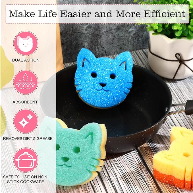 FillTouch 3 Pcs Dual Sided Scrub Sponge Multi Functional Cute Temperature Sensitive Non Scratch Dish Sponge for Washing Dishes Kitchen Bathroom (Cat,Green, Orange, Blue)