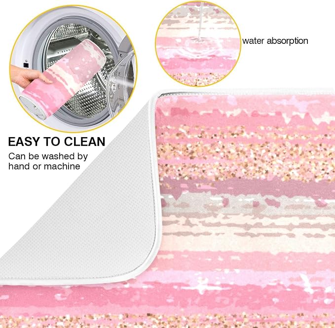 Pink Gold Stripe Dish Drying Mat for Kitchen Countertop 18x24 Rectangle Large Drying Mat Reusable Quick Dry Dish Sink Absorbent Mats Dishwasher Easy Clean Decorative Home Decor Essentials