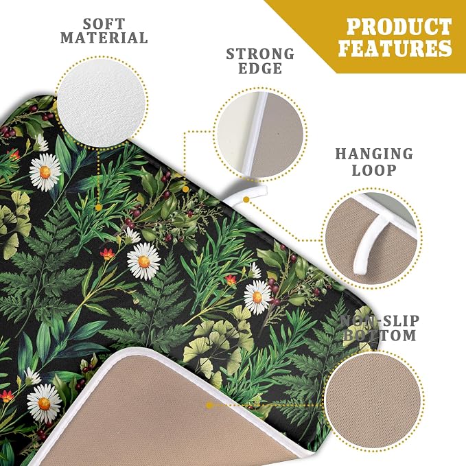 Green Botanical Dish Drying Mat 16x18 Inch Plant Leaf Fast Dry Dish Drainer Rack Mats Absorbent Microfiber Protector for Countertops Sinks