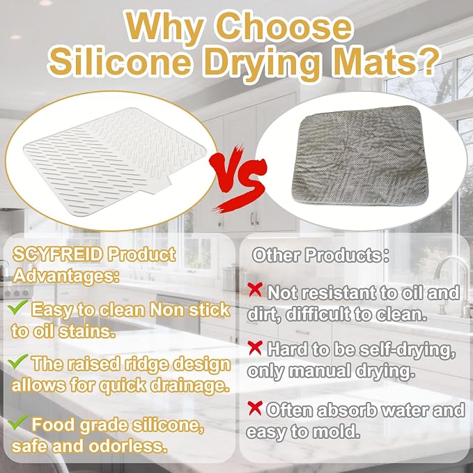 Silicone Dish Drying Mat 23x17,Food-Grade Silicone,Easy Clean Pad for Countertop Protection,Heat Resistant,Easy Clean,Non-Slip Drain Pad with Built-in Drain,Multi-Functional Use,White