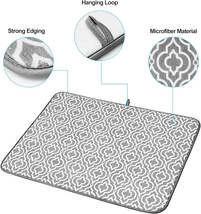 SUBEKYU 24" x 18" Dish Drying Mat, Dish Mat Drying Kitchen Mat Large, Absorbent Microfiber Dish Drainer/Rack Pads, XL, Grey, 2 PACK
