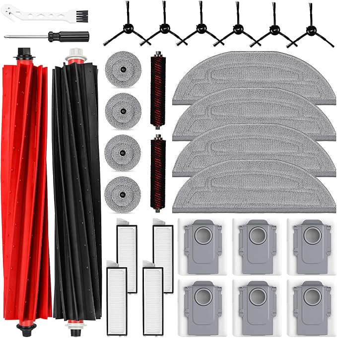 30 Pack Accessories Kit for Roborock S8 MaxV Ultra Robot Vacuum | 1 Pair Main Brushes, 2 Self-Cleaning Brush, 6 Side Brush, 4 Filters, 4 Round Mop Pads, 4 Long Mop Pads, 6 Dust Bags, 2 Tools