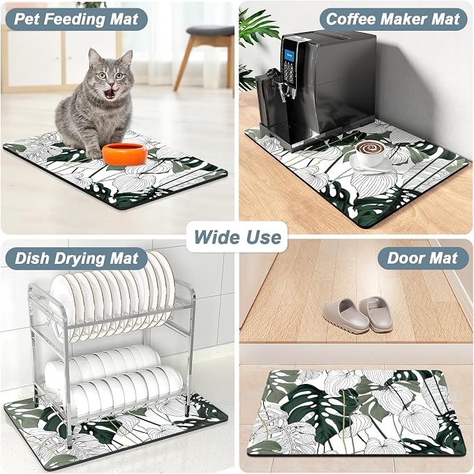 Rnivvi Coffee Mat, 12" x 19" Cute Coffee Bar Mats for Espresso Machine Station Accessories and Organizer, Hide Stain Rubber Backed Absorbent Dish Drying Pad for Kitchen Counter, Tropical Leaves