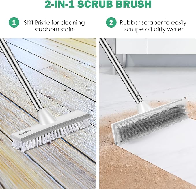 SetSail 12-in Wide Floor Scrub Brush with Long Adjustable Handle Brush | 2 in 1 Scrape Brush Stiff Bristle Floor Scrubber for Cleaning Shower Bathroom Garage Kitchen Wall Deck Tub Tile