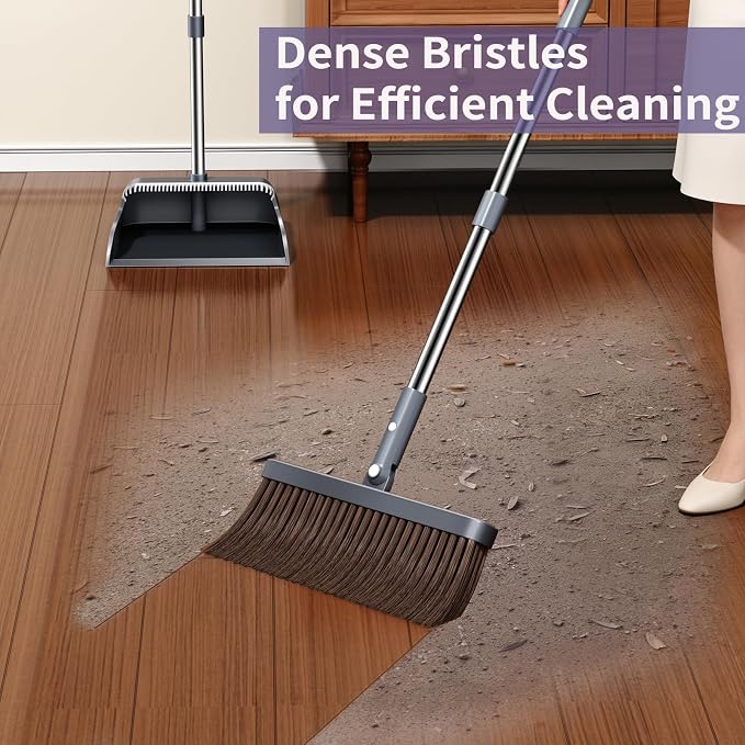 Broom and Dustpan Set, 51.6" Long Handle Broom with Dustpan Combo Set with Dustpan Teeth & Two Broom Heads, Brooms with Dust Pan for Sweeping Indoor Home Kitchen Office Lobby Pet Hair