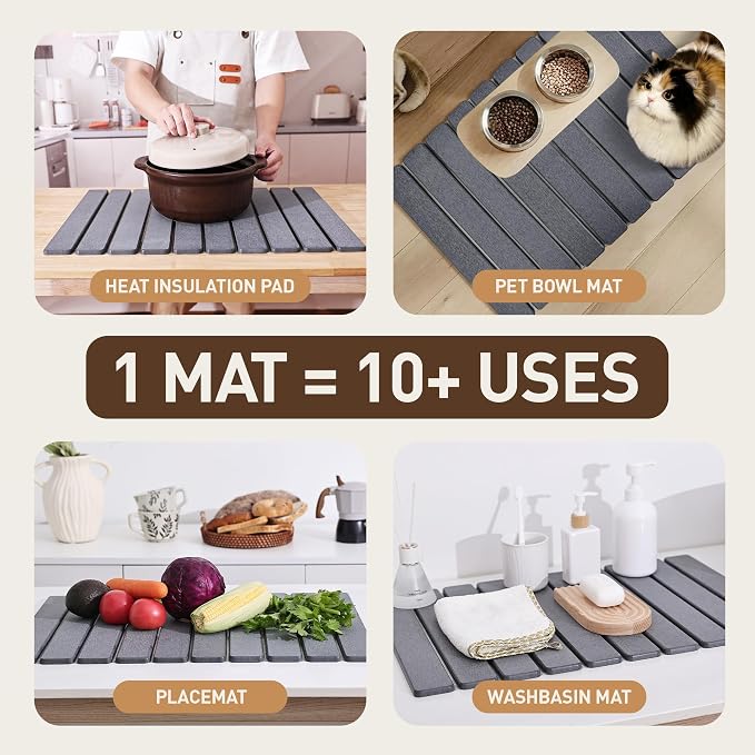Large Stone Drying Mat for Kitchen Counter 24x16 Inch, Diatomaceous Earth Super Absorbent | Quick Dry Non-Slip Collapsible Dish Mat for Dishes Utensils Cups | Eco-Friendly Counter Protector, Dark Grey