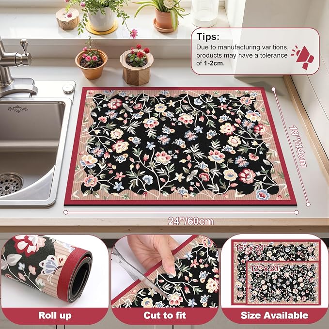 LOKHOM Floral Dish Drying Mat, 18"x24" Super Absorbent Non-slip Bordered Coffee Mat with Oil Painting Black Floral, Cuttable Hide Stain Drying Mat for Kitchen Counter Coffee Maker Espresso Machine