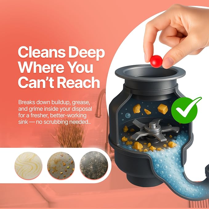 Sink Garbage Disposal Cleaner 50-Count | Easy-Use Garbage Can Odor Eliminator with Powerful Cleaning Action | Peach Scented Sink Drain Cleaner and Sink Smell Eliminator | Quality Home Living by Perfa