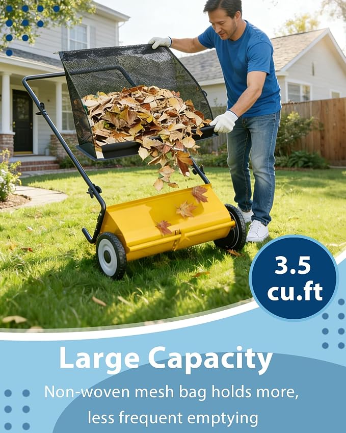 Garvee Push Lawn Sweeper,21-Inch Width Enhanced 4-Brush System with Large 3.5 cu. ft. Hopper Bag, Ideal for Yard and Garden Cleanup, Yellow | Brush Height Adjustment, All-Terrain Suitable, 7 cu.ft Hopper Bag, Durable Steel Frame, Easy Setup, Compact & ...
