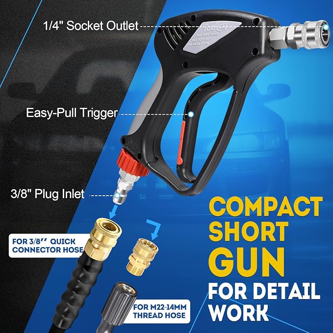 TOOLCY Pro Short Pressure Washer Gun Stainless Steel 3/8" Swivel Fitting | 5000 PSI 1/4" Quick Connect Outlet M22-14mm Male Thread Adapter with 5 Nozzle Tips For Foam Cannon
