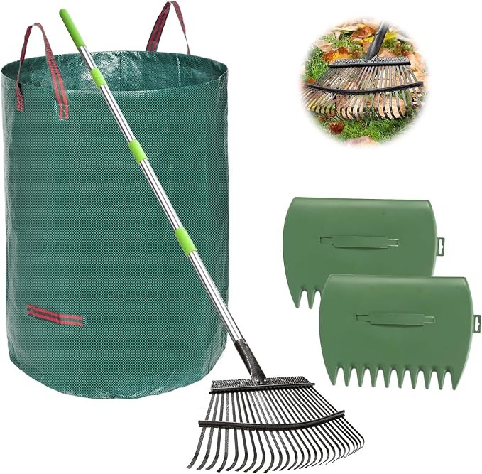 65 Inch 25 Tines Metal Leaf Rake Set with 32 Gal Bags Scoops, 18in Wide | Heavy duty lawn rake, Garden leaf collector, Yard clean up tool, Metal tines rake, Camping gear, Shrub rake, Weed remover