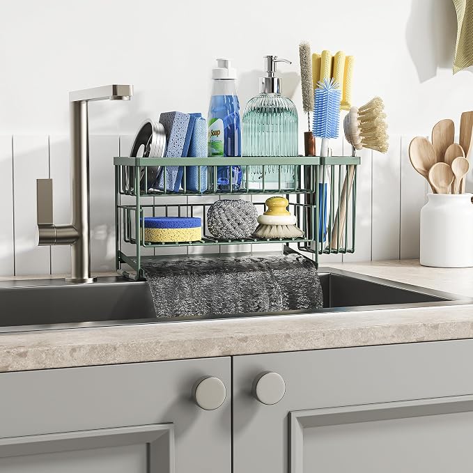 Cisily Sage Green 2-Tier Kitchen Sink Caddy Organzier Rack with Flexible Dish Brush Holder, Sponge Holder for Kitchen Sink Countertop Organization Storage, Home Decor