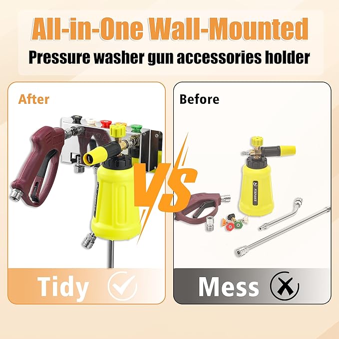 FIXFANS Pressure Washer Foam Cannon Holder, Wall Mounted | Power Washer Gun Storage, 1/4" Quick Connect, Nozzle Tips & Wand Extension Kit Organizer, Car Wash Accessories Rack