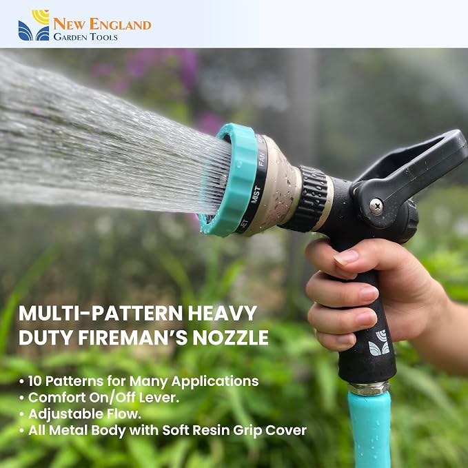 Heavy Duty Metal Fireman’s Hose Nozzle 500003, 10-Pattern Hose Sprayer with Lever Control & Comfort Grip, High Flow Design, by New England Garden Tools, for Watering Plants, Yards, Washing Cars & Pets