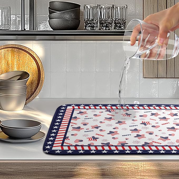 4th of July Dish Drying Mats for Kitchen Counter Patriotic Independence Day Kitchen Dishes Dryer Pad Stars Absorbent Dish Mat Microfiber Washable Foldable Reusable Large 18x24 in