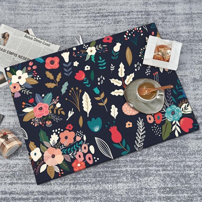 Colorful Flowers Black Dish Drying Mat For Kitchen Counter, Super Absorbent Microfiber Dish Drying Pad, Kitchen Gadgets For Easy Clean Multi-Use Large 18"x24"