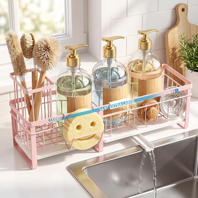 Aurblozen Extra Large Extendable Sponge Holder for Kitchen Sink, Rustproof Sink Caddy Organizer with High Brush Holder, Dish Soap Dispenser Organizers and Storage (Pink)