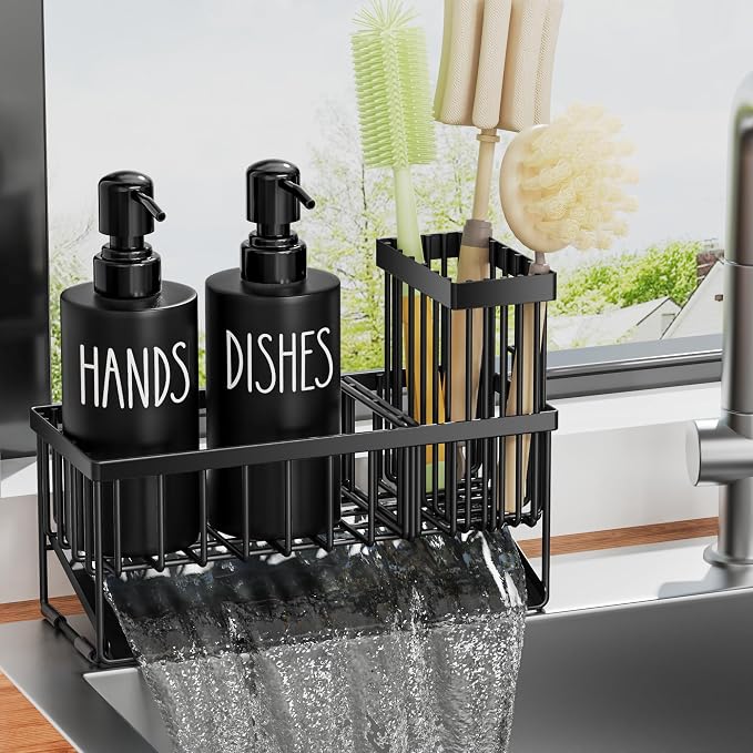 MASADI Kitchen Dish Soap Dispenser Set with Sponge Holder, 12OZ Glass Bottle, Hand and Dish Soap Dispenser Set, Non-Slip Silicone Pad, Brush Holder, Kitchen Sink Organizer Countertop (Black)
