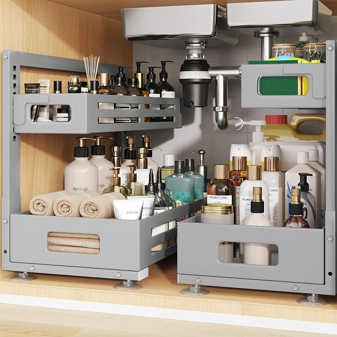 2 Pack 19IN-Depth Under Sink Organizer,Pull Out Cabinet Organizer With Smooth Cylindrical Rail,Metal Slide Out Drawer for Kitchen Bathroom Laundry,8-Level Tool Free Height Adjustable-Gun Gray