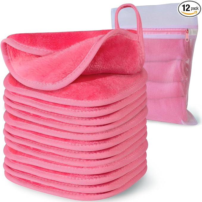 NATWAG | Reusable Update Makeup Removing Microfiber Cloth for Sensitive Skin | Washable Makeup Remover Towels | Natural Facial Cleansing Towels (6”x 6”, 12 Pack/Pink)