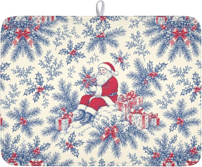 Christmas Santa Claus Dish Drying Mat for Kitchen Counter 18x24 Inch | Vintage Blue Chinoiserie Christmas Holly Leaves Dish Drainer Mat Rustic Xmas Holiday Absorbent Washable Drying Pad
