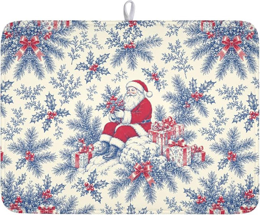 Christmas Santa Claus Dish Drying Mat for Kitchen Counter 18x24 Inch | Vintage Blue Chinoiserie Christmas Holly Leaves Dish Drainer Mat Rustic Xmas Holiday Absorbent Washable Drying Pad