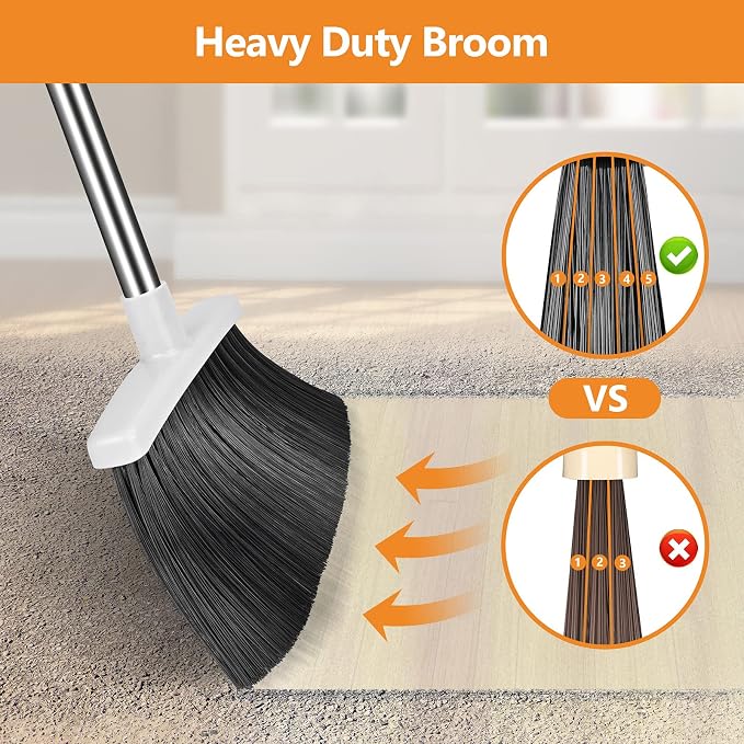 Folews Broom and Dustpan Set, Heavy Duty Dust Pan with Broom Combo Set | 51 Inch Long Handle, Upright Self-Cleaning, for Home Kitchen Lobby Indoor Outdoor Sweeping Cleaning Tool, Gray