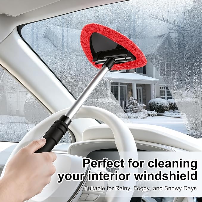 JUSTTOP Windshield Cleaner Tool, Car Interior and Exterior Window Cleaning Kit with Extendable Handle & 4 Reusable Microfiber Pads, Auto Glass Wiper Brush Kit for Car & Home Windows (Red)